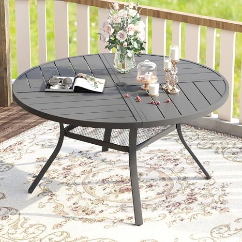 Image of VICLLAX Round Patio Table with Adjustable Umbrella Hole for 6, All Weather Metal Outdoor Dining Table for Lawn Garden, 47.2 inch Outdoor Coffee Table, Grey Tabletop