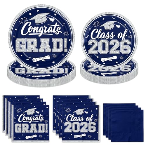 Graduation Plates and Napkins 2026 200pcs Navy Blue Graduation Decorations includes Congrats Grad Plates Class of 2026 Plates and Napkins for College High School Graduation Party Serve 50