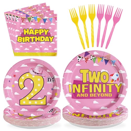 96Pcs Toy Cartoon Story 2nd Birthday Party Decorations for Girl Two Infinity and Beyond Plates and Napkins Pink Sky White Cloud Hat Tableware Set for Girls Second Themed Party supplies, Serves 24