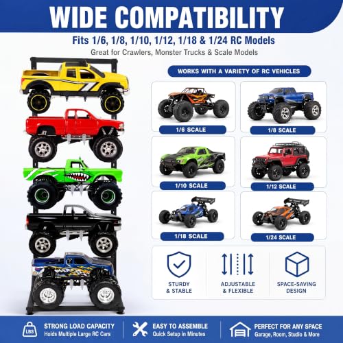 Image of AceOrbit Rc Car Stand 5 Layer Adjustable Wall Mount Car Display Rack with Screws Crawler 15 inch x 13 inch x 60 inch Storage System for 1 /10 1 /12 1 /18 1 /24 1 /32 Multiple Scale Cars /Trucks Stand Shelf(Black)