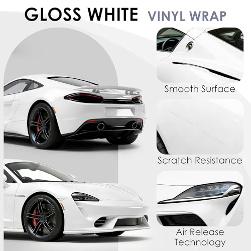 Image of Car Wrap Vinyl, 1ft x 5ft Gloss White Vinyl Wrap for Cars - Bubble Free Vehicle Sheet Roll for Body Protection, Scratch Resistance (Gloss White)