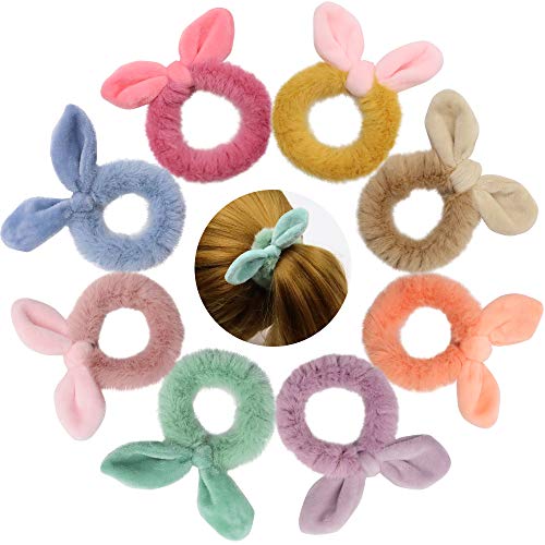 NODG 8 Pieces Hair Scrunchies for Women Fur Scrunchies Rabbit Bunny Ear Hair Ties Fuzzy Elastics Bobbles Hair Bands Scrunchy Hair Tie Ropes Ponytail Holder for Women