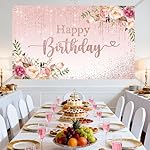 Mocsicka Happy Birthday Backdrop Decorations for Women Pink Flowers Glitters Birthday Banner Photo Background Party Decorations 70.8 x 43.3 Inch - Image 4
