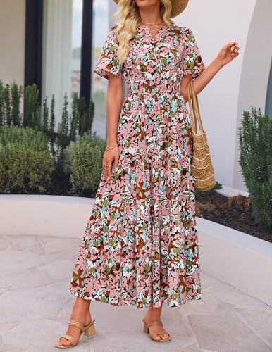 Image of ZESICA Women's 2026 Summer Spring Floral Boho Maxi Dresses Casual Short Sleeve V Neck A Line Flowy Beach Vacation Dress