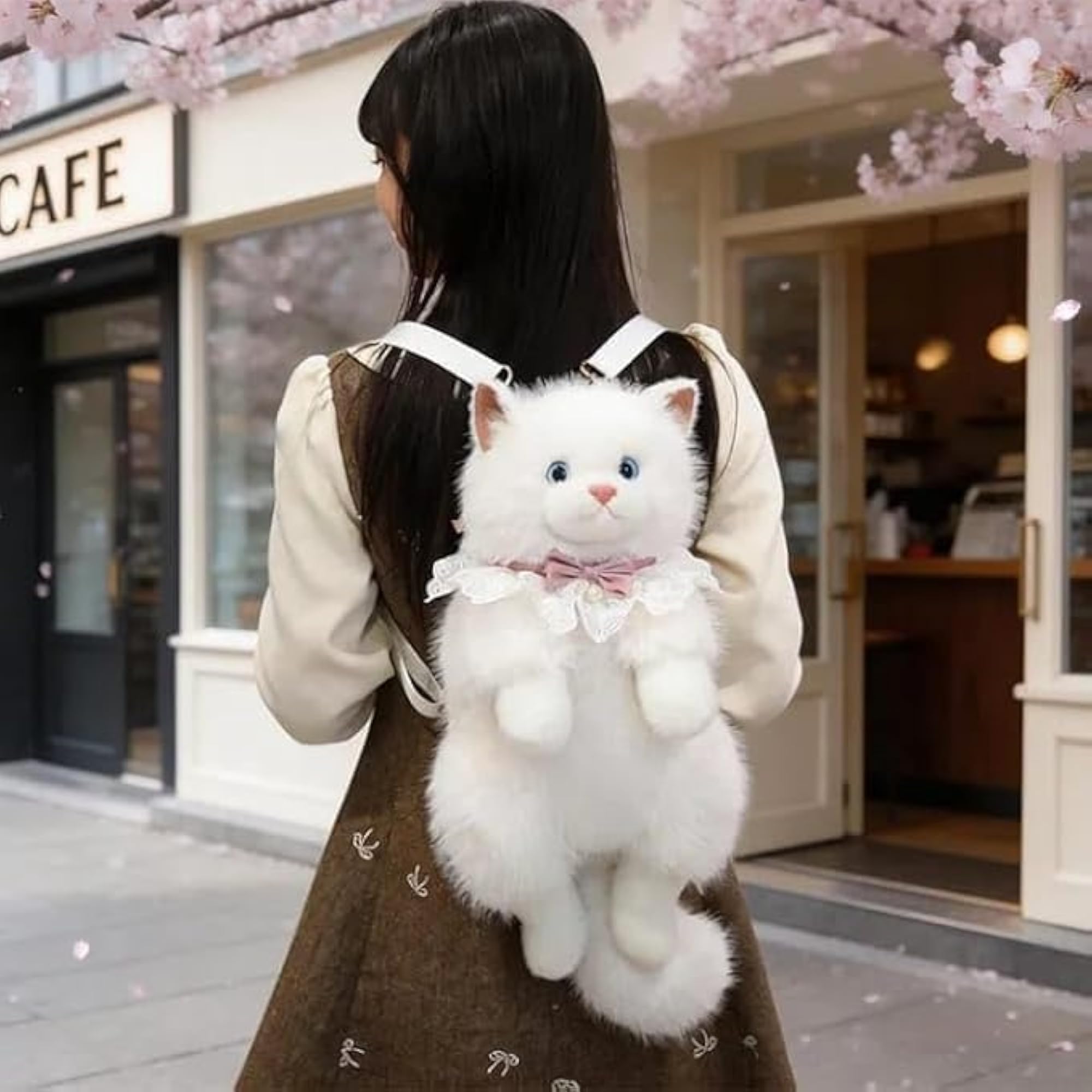 White Cat Plush Backpack with Lace Collar