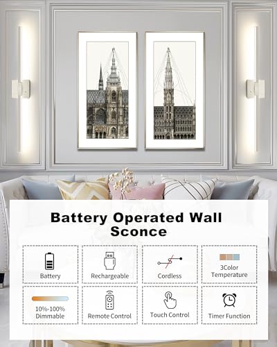 Image of Rayogale Nickel Battery Operated Wall Sconces Set of 2, 24 Inch | 3000 /4500 /6000K Dimmable 8000mAh Wireless Rechargeable Wall Sconces with Remote Control, Timer for Living Room, Bedroom