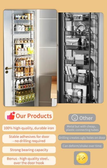 Miniatura 4 de Organizador de despensa de 8 niveles con gancho de tela (blanco) - Estante de metal para colgar especias de cocina, organizador de latas, maximiza