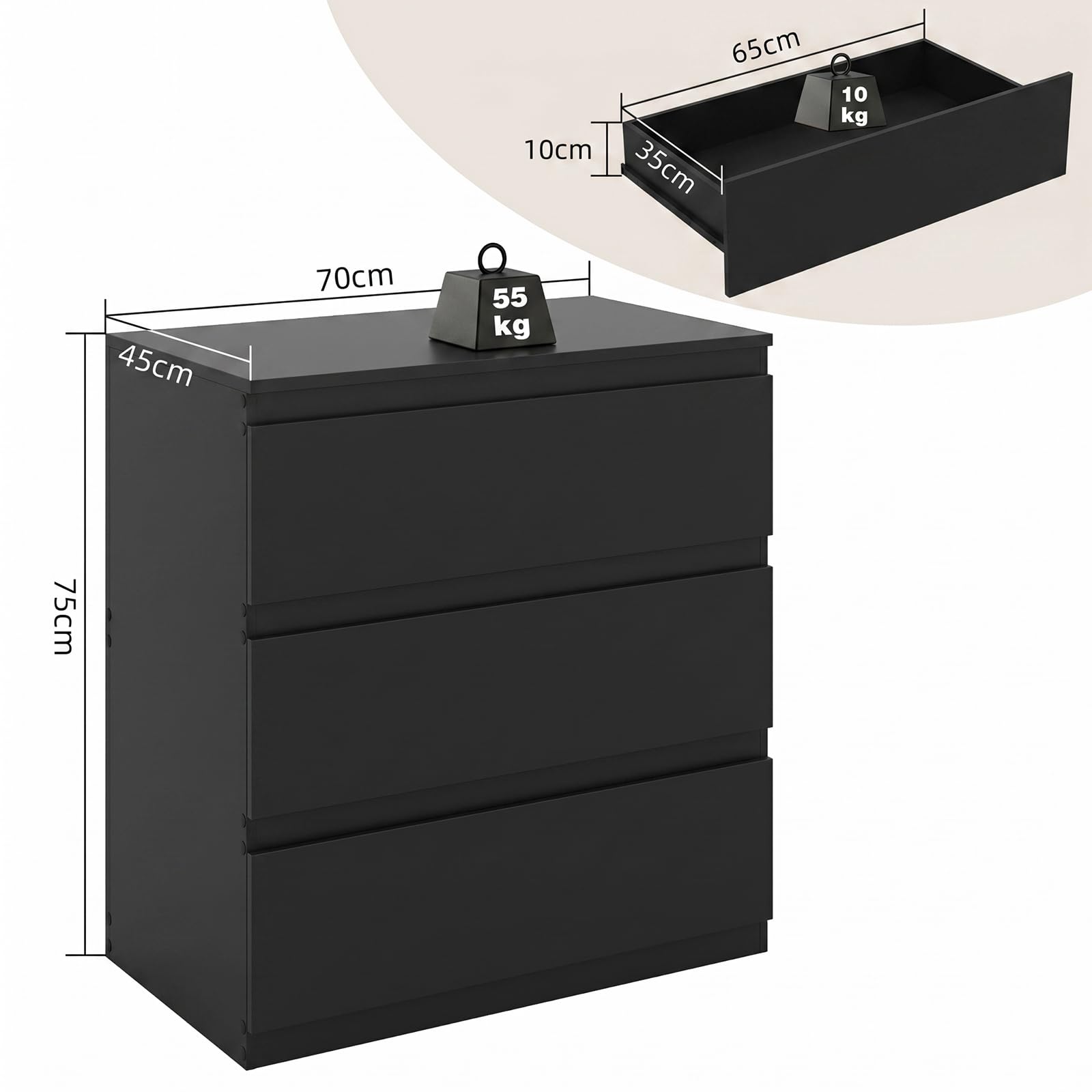 Cassettiera Camera da Letto con 3 cassetti, Mobiletto Salvaspazio in Stile Moderno, per Soggiorno Ingresso, 70 x 40 x 75cm, Nero | Comò Moderno in Legno Nero per Camera, Soggiorno, Ufficio, Corridoio