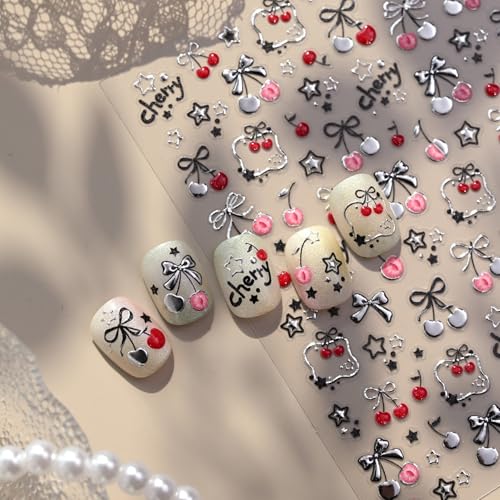 Image of Cherry Bow Nail Stickers Silver Nail Decals 5D Embossed Self Adhesive with Star Design DIY Manicure Cute Charms Supply Decoration for Women 1 Sheets
