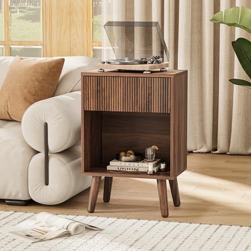 Nightstand, Modern Bedside Table with Storage Drawers and Open Wood Shelf, Night Stand with Solid Wood Legs, End Tables Side Tables for Living Room, Bedroom Walnut by INNOD - Image 7