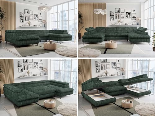 MKS MEBLE Sofa U-Form, Wohnlandschaft U-Form, Sofa mit Schlaffunktion und Bettkasten, Schlafsofa mit Bettkasten, Couch mit Verstellbare Kopfstützen - Peter U - Grün Cord (ohne Topper)