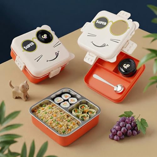 Image of Lunch Box for Kids & Adults, Multi Layer Tiffin Box, Stainless Steel Food Container with Partition, Leakproof 3 Compartment Bento Box with Spoon, 1120ml + 70ml (White, Super Cat)