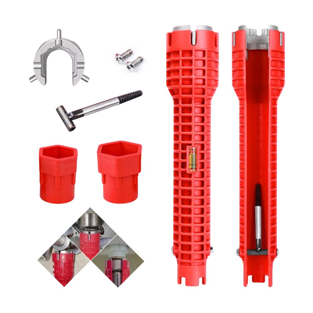 Llave para Grifo Fregadero 8 en 1,Llave para Apretar Tuercas Multifuncional, Sink Wrench,Llaves Tubo Fontaneria Antideslizante,Herramientas Llaves de Grifo Lavabo para Baño, Cocina - Rojo