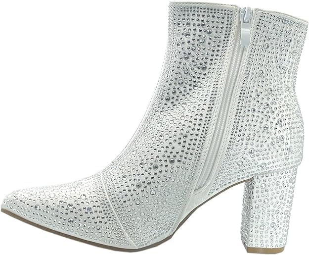 Forever Women Rhinestone Block Chunky Heel Ankle Bootie Iceberg 12 shoes White 8.5 - Image 2