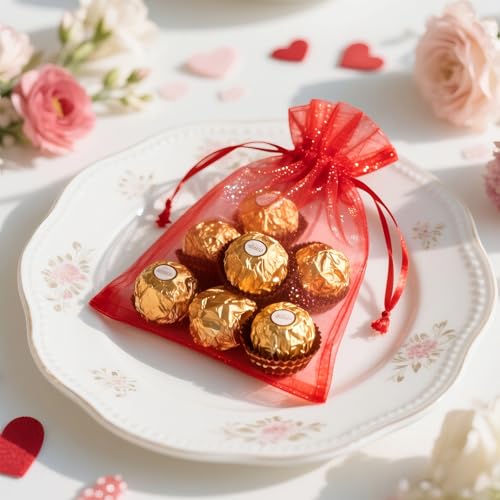 G2PLUS 100 Stück Rot Organzasäckchen 10x15 CM: Geschenk Organzabeutel, Hochzeit Organza-Beutelchen mit Kordelzug Sie als Hochzeit Bonbonsbeutel, Schmuckbeutel, Geschenkbeutel