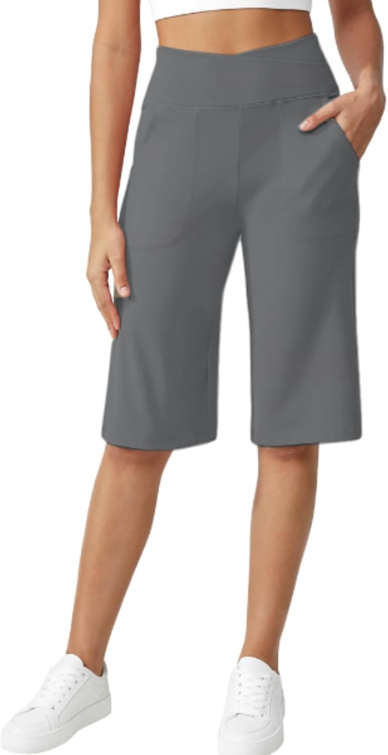 Crossover Capri Pants for Women 14" Knee Length Wide Leg Yoga Cropped Pants with Pockets Casual Summer Lounge