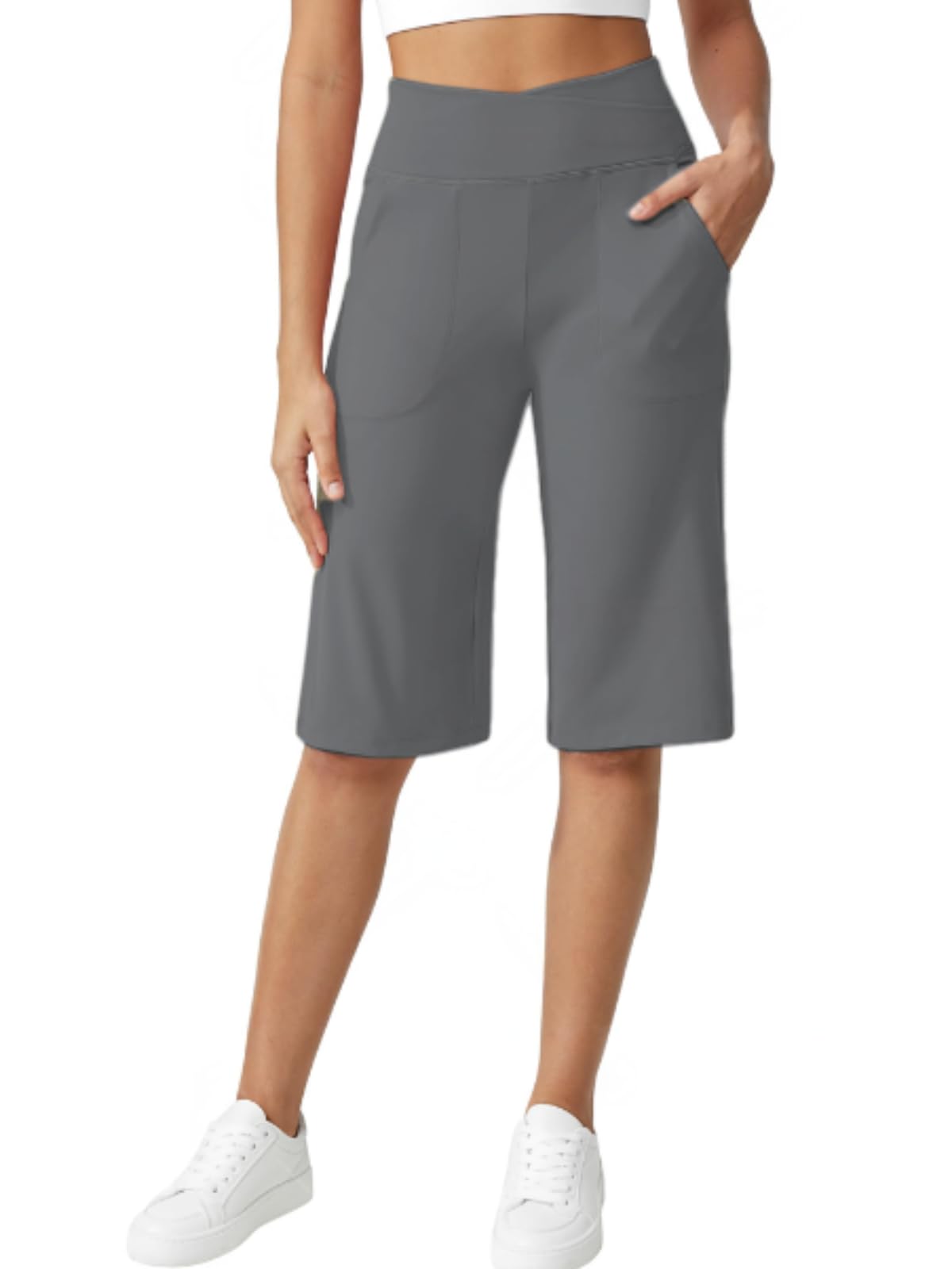Crossover Capri Pants for Women 14 Knee Length Wide Leg Yoga Cropped Pants with Pockets Casual Summer Lounge