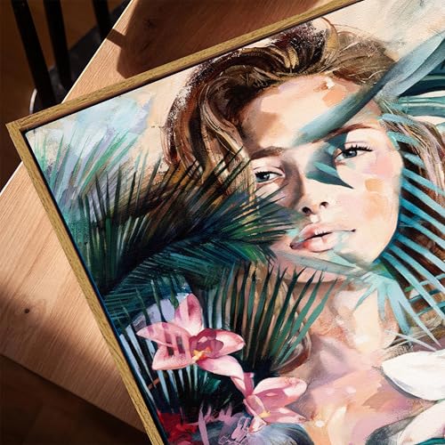Image of Tropical Botanical Woman Portrait Framed Canvas Painting For Living Room | Modern Floral Abstract Female Wall Art For Livingroom Wall Decor, Home Decor, Bedroom, Hallway's, Office, Hotel - 43x58 cm