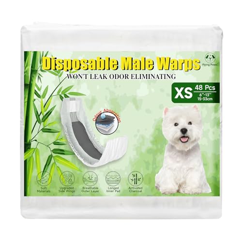 Flying Paws Pannolini per cani maschi, XS-48 usa e getta con carbone attivo, neutralizzazione degli odori, pannolini morbidi e traspiranti, pantaloni per incontinenza per cuccioli XS-48 Count