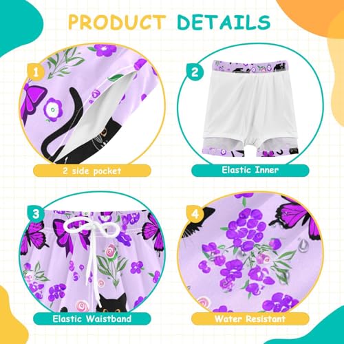 Boy Swim Trunks with Compression Liner Black Cats Pattern Boys Swim Shorts Quick Dry Beach Shorts4