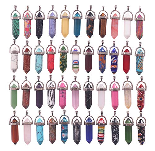 YAKA 44pcs Natural Stone Gemstone Bullet Shape Healing Pointed Chakra Beads Crystal Quartz Stone Charms Pendants for Necklace Pendants for DIY Necklace Jewelry Making Gift (Bullet Shape)