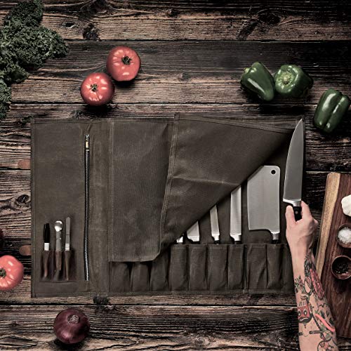 Chef Knife Roll Bag - Handmade Waxed Canvas and Leather Knife Bag Stores 10 Knives + Zipper Pocket and Shoulder Strap (Army Green) - Image 3
