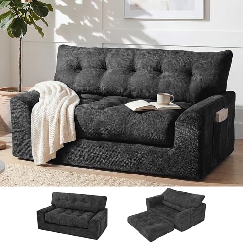 Image of MONVANE 55.5 inch Convertible Loveseat Sofa Bed, 2-in-1 Boneless Sleeper Sofa Couch with Storage Pocket, Comfy Chenille Deep Seat Couch for Living Room, No Assembly Required, Black