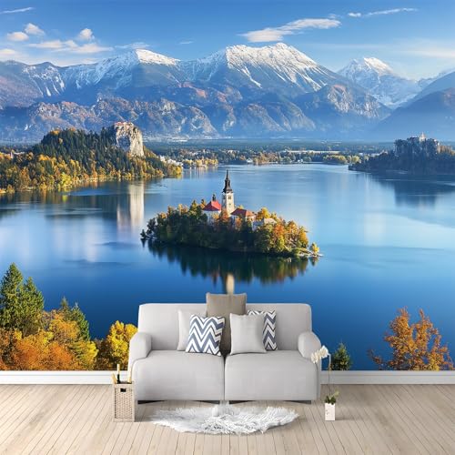 Carta da Parati Fotografica Lago Di Bled Isole Montagne Paesaggi Naturali Blu Design per Pareti Camera - Fotomurale Tessuto Non Tessuto Colla Non Inclusa 200x140 cm