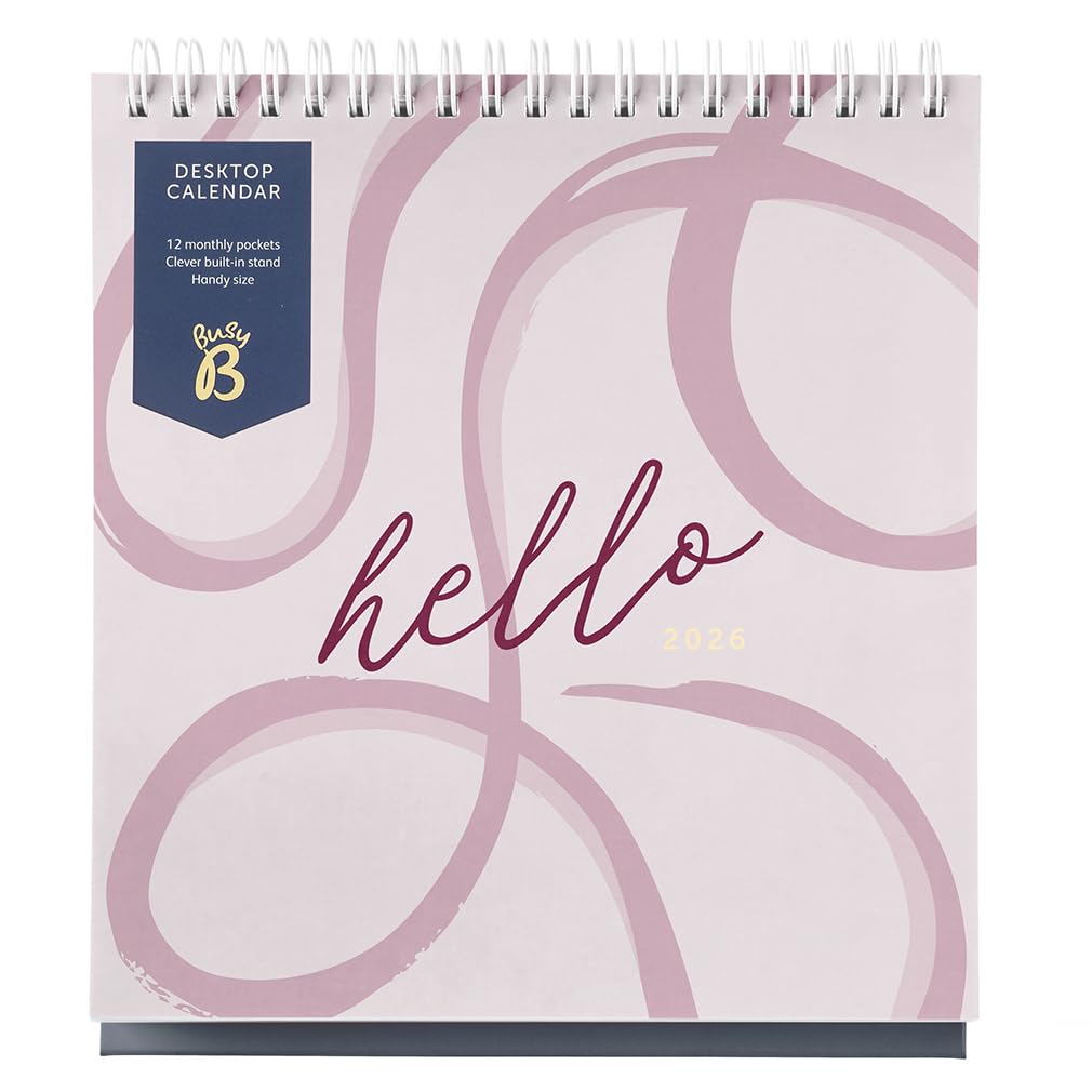 Busy B 2026 Desk Calendar โ Jan to Dec, Pink Ribbon 2026 Calendar with Built-in Stand & Flip-Top Binding - Desk Calendar for Office or Home - Year Planner with Pockets for Organised Planning