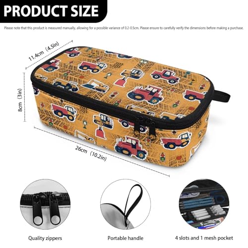 Image of Construction Vehicle Print Pencil Pouch for Boys 6-8 Kids Pencil Bag Portable Large Pen Bags with Mesh Pockets for Back to School Gifts