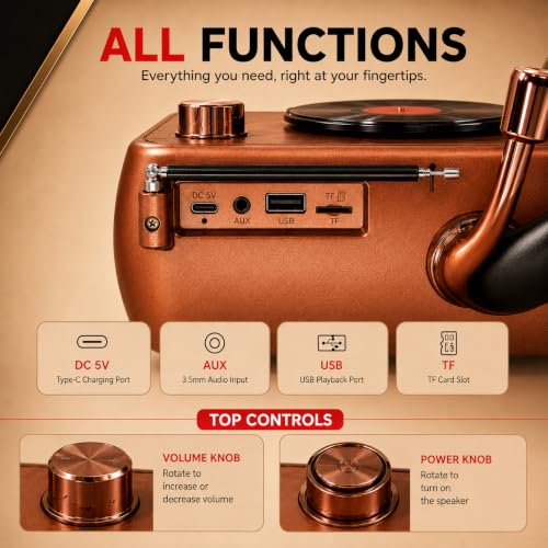 Image of Fire turtle Vintage Bluetooth Speaker with FM Radio & Retro Vinyl Record Player Design, Wireless Portable Music System with USB, TF Card, AUX, HD Sound & Classic Home Decor