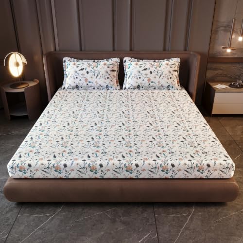 Image of Divine Casa Cotton King Size Bedsheet | 210 TC Soft Breathable Pigment Twill Satin Bed Sheet with 2 Pillow Covers | Luxury Bedding Set | 275 x 275 cm (Cream Pink, Floral)