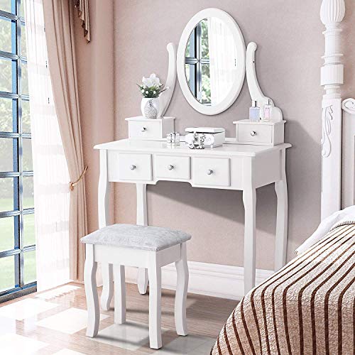 Mecor Vanity Table Oval Mirror,Makeup Vanity Set Cushioned Stool Wood Dressing Table