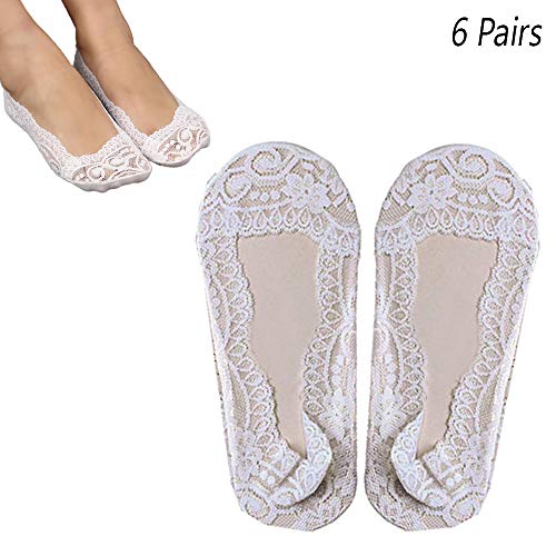 6 Pairs Womens Lace Liner Socks No Show Thin Low Cut Non Slip Casual White 9-11