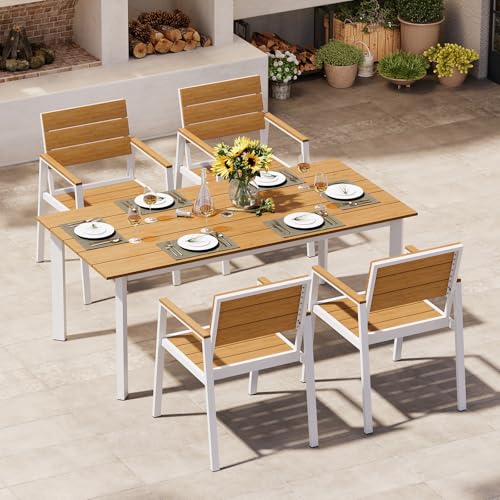 Oasbira Outdoor Dining Set for 4, Patio Table and Chairs Set with Umbrella Hole, 5 Pieces HDPS Outdoor Furniture Sets for Patio, Garden, Backyard (White & Teak)