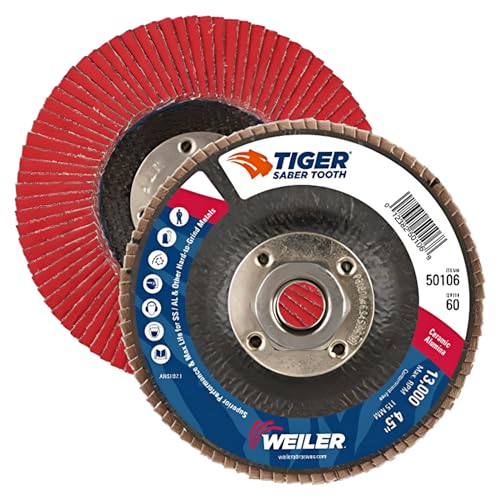 Image of Weiler 50106 Saber Tooth 5 /8 inch-11 Arbor 4-1 /2 inch Diameter 60 Grit Ceramic Phenolic Backing Angled Abrasive Flap Disc (Pack of 10)