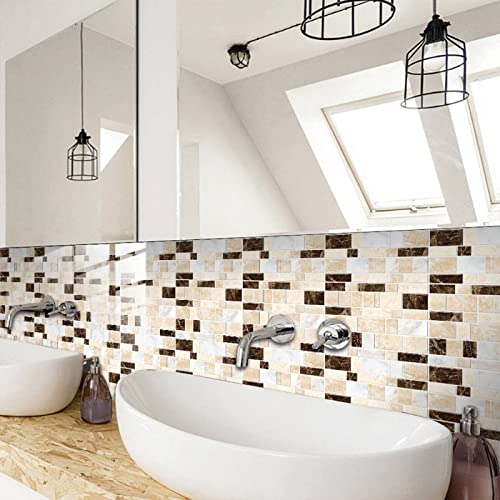 Azulejos Adhesivos Cocina Patrón De Mármol Marrón Amarillo Vinilo Cocina Impermeables PVC Protector Salpicaduras Revestimiento Pared Baño Decoración de Muebles Baldosas Adhesivas