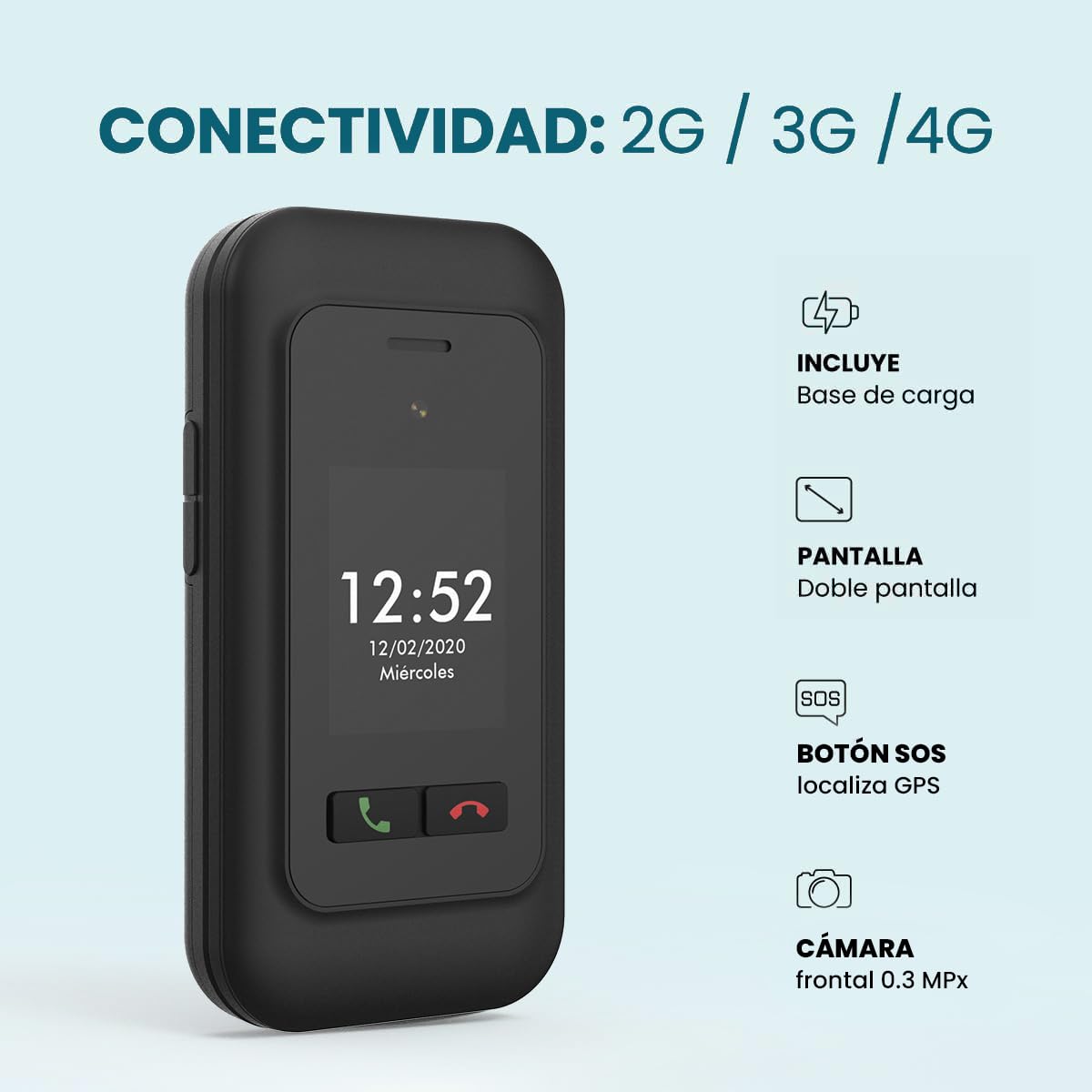 ADOC SC01 Teléfono Móvil 4G de Tapa para Personas Mayores, 2 Pantallas, Bluetooth, Wi-Fi, Linterna y Radio Teclas e Iconos Grandes, Botón SOS, Fácil Uso, 3 Memorias Directas. Compatible con audífonos.