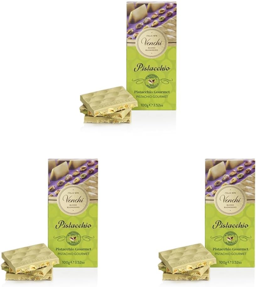 Venchi - Pistachio Gourmet Chocolate Bar - White Chocolate and Pistachio Paste Cream Bar, 3.53 oz - Gluten Free (Pack of 3)