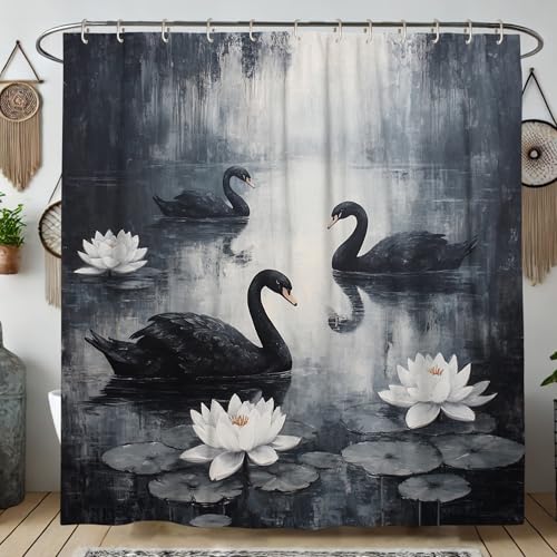 Elegant Black Swan Shower Curtain, Artistic Monochrome Bathroom Decor for