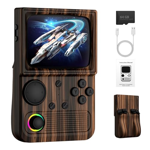 Image of R36T Retro Handheld Game Console, 3.5 Inch Video Game Console with 3500mAh Battery, Retro Gaming Console Supports WiFi Download Multiple Emulators and Network Battling (Wood Grain Coffee Color)