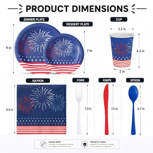 Image of 390 Pcs 4th of July Plates and Napkins Sets 4th of July Paper Plates | Includes 60 9 inch Paper Plates | 60 7 inch Paper Plates | 60 9oz Paper Cups | 60 Napkins | 150 Plastic Cutlery