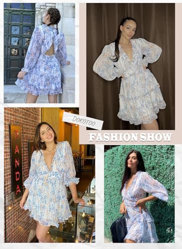 Dokotoo Womens 2025 Spring Summer Deep V Neck Long Sleeve Backless Ruffle Floral Flowy Mini Dress - Image 7