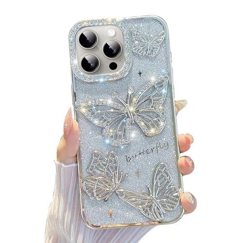 Image of Elzzi Electroplated Diamond Butterfly Phone Cover for iPhone 16 Pro Max Case, Showcasing Soft TPU, Shockproof, Stylish Back Cover for Girls & Women (Grey)