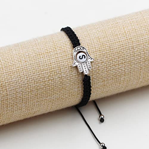 Image of Uloveido Customized A to Z 26 Letters Hand of Fatima Bracelet - Fatima Hamsa Hand Evil Eye Protection Bracelet Lucky Charm Adjustable Braided Black String