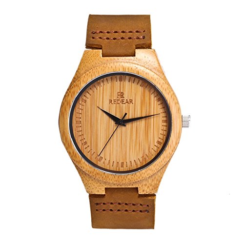 Preisvergleich Produktbild YOWAO Herren Analog Quarzwerk Bambus Holzuhr mit Lederband