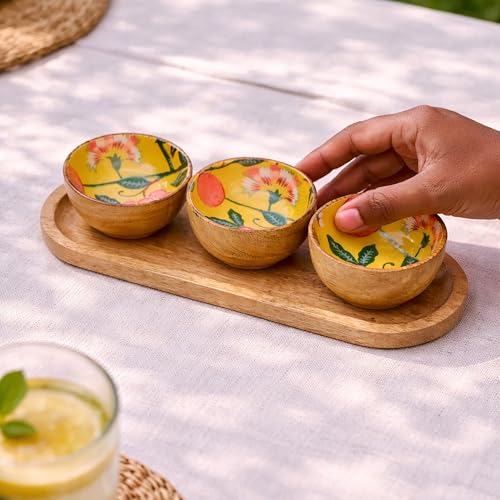 Image of Chumbak Limonata Trio Wooden Bowl Set | Citrus Collection | Mango Wood Trio Bowl Set | with Tray | Citrus Print | Food Safe | Chakna Serveware | Gifting Bowl Set