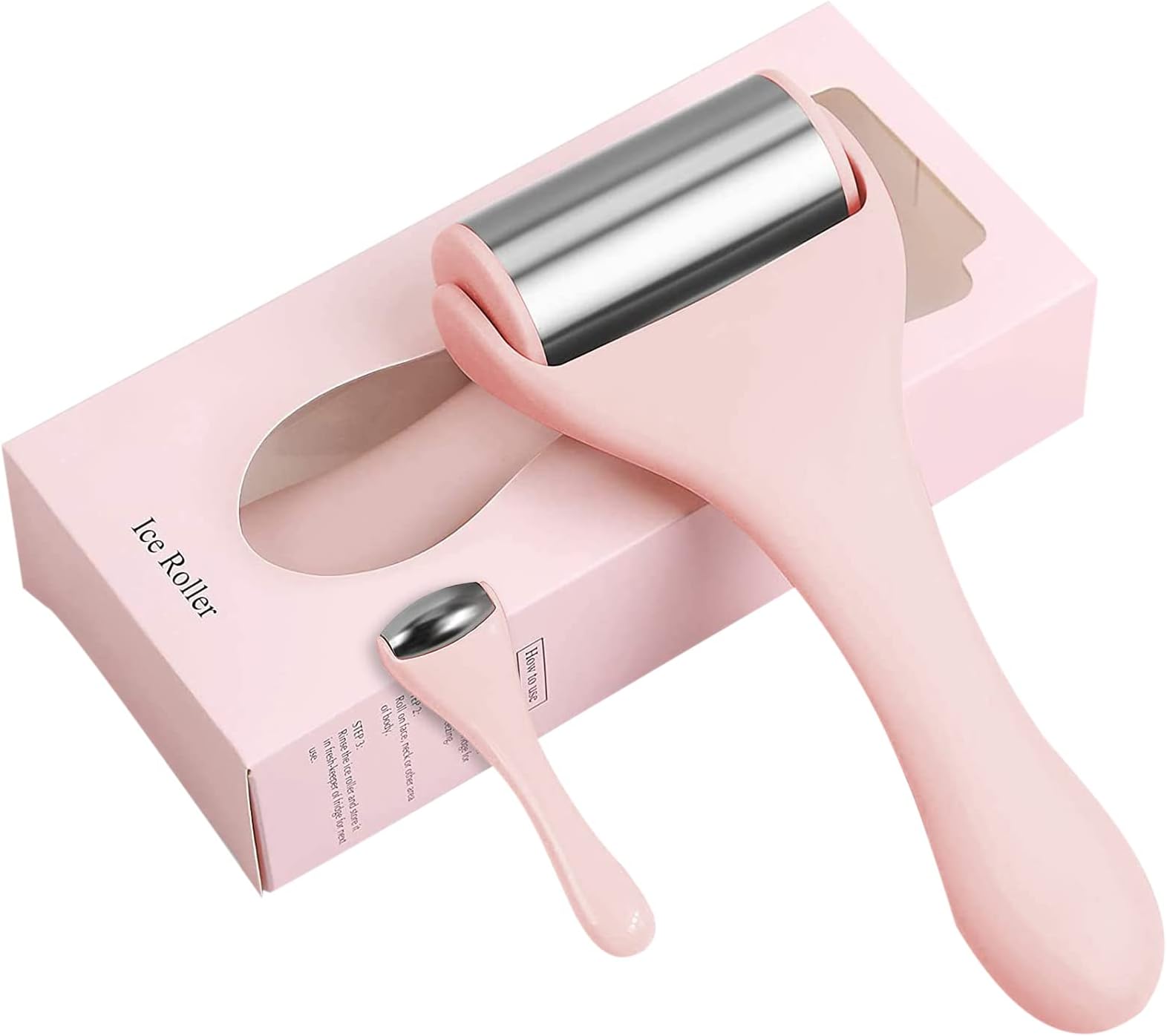 2Pcs Ice Rollers for Face & Eye, Stainless Steel Cooling Facial Ice Roller Skin Care for Massager, Puffiness, Migraine Pain Relief, Tighten Pores, Eye Roller for Puffy Eyes Dark Circles (Pink)
