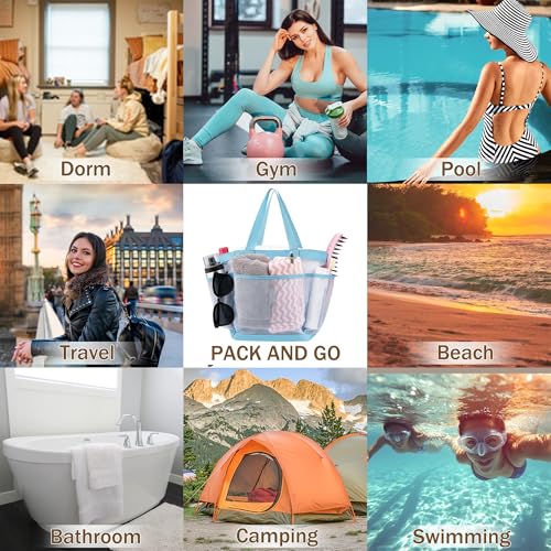 PARIERIS Mesh Shower Caddy Portable for College Dorm Room Essentials with 8 Pockets, Hanging Caddy Dorm Basket, Quick Dry Shower Bag for Bathroom (LightBlue, 1Pack) — view 6