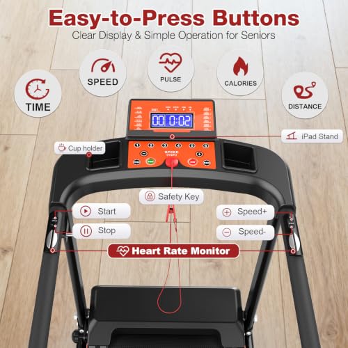 Image of Treadmill for Seniors with Handlebar, Walking Treadmill with APP Control | Treadmill for Home with Long Handrails, 41x14 in Belt, 0.5-6.0 MPH, 12 Preset Programs, Safety Clip, Cushioned Rebound Belt